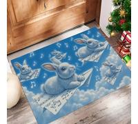 CAEITLRSO Dreamy Fairy Tale Style Washable Door Mats Indoor - Non-Slippery Soft Front Door Mat - Super Absorbent Entrance bedroom kitchen Mat, Rabbit Paper Airplane Musical Note, 50x80cm, Sky Blue