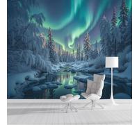 CAEITLRSO Dreamy Night View Photo Wallpaper Aurora Pine Forest Wall Mural Silk Wall Décor Art Large Poster Picture Design Modern for Living Room Bedroom Dorm Décor 200x140cm, Fluorescent Green