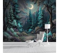 CAEITLRSO Fantasy Dark Forest Photo Wallpaper Pine Forest Crescent Moon Path Wall Mural Silk Wall Décor Art Large Poster Picture Design Modern for Living Room Bedroom Dorm Décor 300x210cm, Turquoise