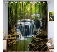 CAEITLRSO Forest Waterfall Blackout Curtains for Living Room and Bedroom, Nature Photography Privacy Thermal Insulated Noise Reduction Eyelet Drapes for Home Decor, W 66.1" x L 72", Green, 2 Panels