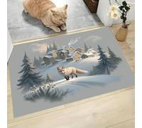 CAEITLRSO Healing Fairy Tale Style Doormat Snow Fox Forest Town Door Mat for Indoor, 45x75cm, Non-slip Entrance Rug Machine Washable Soft Doormats for Kitchen Bathroom Bedroom, Light Gray