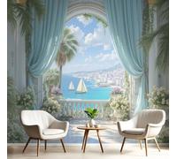 CAEITLRSO Mediterranean Style Wallpaper Peel and Stick Wallpaper 300x210cm DIY Seaside Terrace Flowers Panoramic Mural for Cabinets Children's Room Laundry Room Bedroom Walls Decor, Cyan