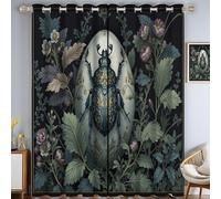 CAEITLRSO Ornate Beetle Curtains Decorative Flowers Plants 100% Light Blocking Grommet Curtain For Villa Living Room, Bedroom Dark Blue Green 2 Panels Set, 90.2 x 90.2 Inch