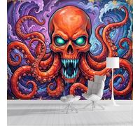 CAEITLRSO Photo Wallpaper Dark Gothic Style, 200x140cm Silk Premium Art Print Mural, Purplish Red Wall Mural Decoration Poster for Living Room Bedroom Office, Skull Octopus Monster