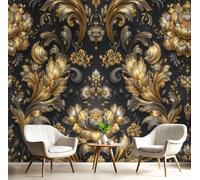 CAEITLRSO Photo Wallpaper European Classical Style, 200x140cm Silk Premium Art Print Mural, Black and Gold Wall Mural Decoration Poster for Living Room Bedroom Office, Gold Leaf Scrolls Floral Leaves
