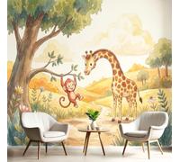 CAEITLRSO Photo Wallpaper Fairy Tales Forests Animals 250x175cm - Wall Mural Deco Silk Art Print Wallpaper for Living Room - Home Decoration Bedroom Kitchen Wall Paper, Monkey Giraffe, Light Yellow
