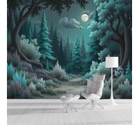 CAEITLRSO Photo Wallpaper Fantasy Enchanted Forest, 300x210cm Silk Premium Art Print Mural, Cyan Wall Mural Decoration Poster for Living Room Bedroom Office, Starry Sky Pine Forest Trail