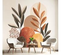 CAEITLRSO Photo Wallpaper Modern Fresh Plants, 250x175cm Silk Premium Art Print Mural, Brown Green Wall Mural Decoration Poster for Living Room Bedroom Office, Abstract Stone Branches and Leaves