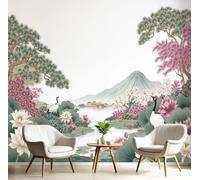 CAEITLRSO Photo Wallpaper Oriental Classical Painting, 300x210cm, Silk, Wall Mural, Wall Art, Cranes Lotus Mountains, Art Print, Home Decoration, Bedroom, Living Room, Artdeco, Pinkish Purple