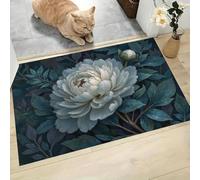 CAEITLRSO Retro Realistic Floral Doormats Inside Washable Non-slip 45x75cm Peony Bud Door Mat, Dirt Resist Entrance Mat Rug Low Profile Floor Mat for Front Door Kitchen Bathroom, Gray Blue