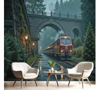 CAEITLRSO Retro Travel Scenery Wallpaper - Rainy Night Train Stone Bridge Wall Mural - Silk Wall Murals for Living Room Bedroom - Photo Wallpaper & Home Decor Art - 450x315cm, Red Gray