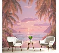 CAEITLRSO Silk Wallpaper 3D Wallpapers 300x210cm, Dreamy Tropical Style Wall Covering for Living Room Bedroom Home Decoration, Palm Trees Beach Sunset, Pink