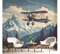 CAEITLRSO Silk Wallpaper 3D Wallpapers 400x280cm, American Retro Landscape Wall Covering for Living Room Bedroom Home Decoration, Airplane Snow Mountain Pine Forest, Orange White