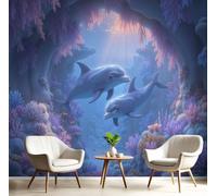 CAEITLRSO Silk Wallpaper 3D Wallpapers 450x315cm, Dream Ocean Wall Covering for Living Room Bedroom Home Decoration, Dolphins Coral Small Fish, Purple Blue
