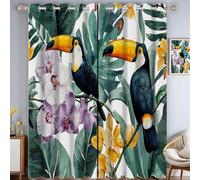 CAEITLRSO Toucan Orchid Curtains Decorative Tropical Leaf 100% Light Blocking Grommet Curtain For Villa Living Room, Bedroom Green Purple 2 Panels Set, 90.2 x 90.2 Inch