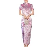 CAEITLRSO Traditional Women Chinese Long Cheongsam Pink Plum Blossom Bridesmaid Cheongsam Evening Dress,Pink,XXL