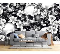 CAEITLRSO Wall Mural Dark Retro Floral Silk Art Print Photo Wallpaper Decor, Living Room Kitchen Dining Room Bedroom, Wallpaper 400x280cm, Skull Peach Blossom 3D Panoramic Mural, Black and White