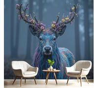 CAEITLRSO Wall Mural Fantasy Forest Animals Silk Art Print Photo Wallpaper Decor, Living Room Kitchen Dining Room Bedroom, Wallpaper 250x175cm, Watercolor Deer Wildflowers 3D Panoramic Mural, Blue
