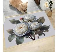 CAEITLRSO Washable Small Rug, Classical Floral Non Slip Door Mat, 40x60cm White Rose Bud, Soft Low Pile Rug, Rubber Backing, Stain & Fade Resistant, for Kitchen Bathroom Indoor Entrance