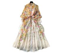 CAEITLRSO Women Dresses - Printed Dress Women's Stand Collar Long Sleeve Waist Tie Long Skirt, Elegant High-Waisted with Lace Up Pleated Hem A-Line Spring Fall Dress,Yellow,XL