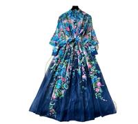 CAEITLRSO Women Dresses - Printed Dress Women's Stand Collar Long Sleeve Waist Tie Long Skirt, Elegant High-Waisted with Lace Up Pleated Hem A-Line Spring Fall Dress,Blue,XL