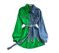 CAEITLRSO Women Dresses - Retro Temperament Waist Color Matching Denim Shirt Women's Spring Casual Dress with Denim Belt, Fashion Lapel Long Sleeve Casual Shirt Dress Party Dress,Green,One Size