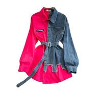 CAEITLRSO Women Dresses - Retro Temperament Waist Color Matching Denim Shirt Women's Spring Casual Dress with Denim Belt, Fashion Lapel Long Sleeve Casual Shirt Dress Party Dress,Rose Red,One Size