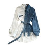 CAEITLRSO Women Dresses - Retro Temperament Waist Color Matching Denim Shirt Women's Spring Casual Dress with Denim Belt, Fashion Lapel Long Sleeve Casual Shirt Dress Party Dress,White,One Size