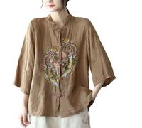 CAEITLRSO Women Summer 3/4 Sleeve Chinese Blouse Stand Collar Buckle Top Traditional Mandarin Collar Ethnic Qipao Shirt,Brown,XL