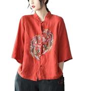 CAEITLRSO Women Summer 3/4 Sleeve Chinese Blouse Stand Collar Buckle Top Traditional Mandarin Collar Ethnic Qipao Shirt,Red,XL