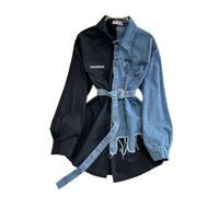 CAEITLRSO Women Dresses - Retro Temperament Waist Color Matching Denim Shirt Women's Spring Casual Dress with Denim Belt, Fashion Lapel Long Sleeve Casual Shirt Dress Party Dress,Black,One Size