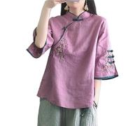 CAEITLRSO Womens Vintage Ethnic Embroidery Qipao Shirts3/4 Sleeve Mandarin Collar Casual Frog Button Chinese Traditional Tang Suit Shirt,Purple,M