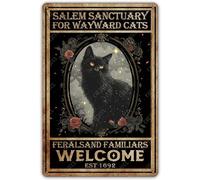 CAEJCCL Funny Metal Sign Salem Sanctuary For Wayward Cats Feralsand Familiars Welcome Vintage Aluminum Tin Signs Retro Sign for Home Office Kicthen Bar Cafe Wall Decoration Gift 8 X 12 Inch