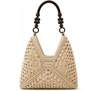 CaelumDecor New Straw Woven Beach Bag Boho Mesh tote bag for women, Beaded Large Capacity Crochet Vacation Shoulder Handbag (Color:Light Beige)