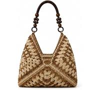 CaelumDecor New Straw Woven Beach Bag Boho Mesh tote bag for women, Beaded Large Capacity Crochet Vacation Shoulder Handbag (Color:Brown and White Together)