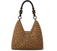 CaelumDecor New Straw Woven Beach Bag Boho Mesh tote bag for women, Beaded Large Capacity Crochet Vacation Shoulder Handbag (Color:Brown)