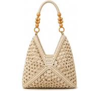 CaelumDecor New Straw Woven Beach Bag Boho Mesh tote bag for women, Beaded Large Capacity Crochet Vacation Shoulder Handbag (Color:Khaki With Beige)