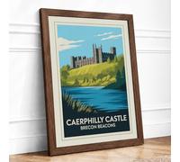 Caerphilly Castle Panorama Vintage Framed Wall Art Print A2 (59.4×42cm) Walnut, Wall Decor for Living Room, Bedroom, Office & Home, Ready to Hang, Art Gift