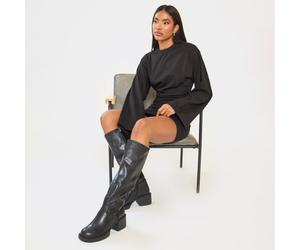 Caesar Chunky Block Heel Knee High Long Boot In Black Faux Leather, Women's Size UK 4