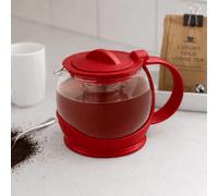 Café Olé Shut Off Teapot, Red, 1200ml / 42oz / 4-6 Cups, Clear Glass Body, Plastic Casing, Infuser Basket Teapot, Loose Leaf Strainer, Dishwasher Safe