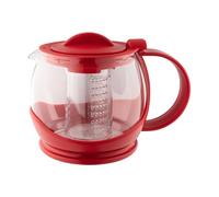 Café Olé Shut Off Teapot, Red, 1200ml / 42oz / 4-6 Cups, Clear Glass Body, Plastic Casing, Infuser Basket Teapot, Loose Leaf Strainer, Dishwasher Safe