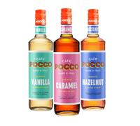 CAFE POCCO Premium Italian Syrup collection for Coffee and Cocktails. Vegan-Friendly, Allergen-Free, 100% Natural Flavours and Colourings. 3 x 75cl glass bottles - caramel, vanilla and hazelnut.