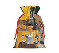 Cafe Terrace at Night -Print Burlap Drawstring Bags - Eco-Friendly Reusable Pouches For Wedding Favors, Christmas & Birthday Presents.