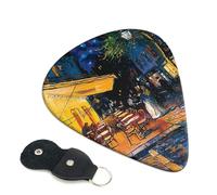 Cafe Terrace at Night Printed Guitar Picks, 6 Pack with Leather Keychain Pick Holder - 0.46mm, 0.71mm, 0.96mm Assorted Thickness for Acoustic Ukulele, Electric Guitar, Acoustic Guitar, Bass