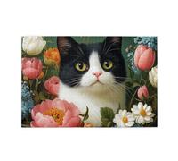 Cafemira 1000 pcs Wooden Jigsaw Puzzle,a black and white cat surrounded by flowers,Impossible Hard Difficult Challenging Puzzles for Adults,Exercise Hands on Skills and Thinking,Stunning Artwork
