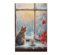 Cafemira 1000 Pcs Wooden jigsaw Puzzle,A cat watching snow from the window,Relieve Stress &Enjoy the Fun of Solving,Creative Activity Hobbies for Adults,Complete with family and friends