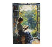 Cafemira 1000 Pcs Wooden jigsaw Puzzle,A woman reading a book in a cozy library,Relieve Stress &Enjoy the Fun of Solving,Creative Activity Hobbies for Adults,Complete with family and friends
