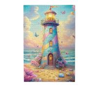 Cafemira 1000 Pcs Wooden Jigsaw Puzzle,Colorful Fairytale Like Lighthouse,Whimsical Coastal Fantasy Scene,Creative Activity Hobbies For Adults,Exercise Hands On Skills And Thinking,