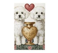 Cafemira 1000 pcs Wooden Jigsaw Puzzle for Adult,Two White Dogs &Heart-Shaped Vase,Harmonious Pet & Decor Scene,Relieve Stress and Enjoy the Fun of Solving Puzzles,Complete with family Friends