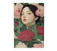 Cafemira 1000 Pcs Wooden Jigsaw Puzzle,For Adults,Chinese Women & Peonies,Elegant Oriental Art,Relieve Stress And Enjoy The Fun Of Solving,Every Piece Is Unique.Gift Suitable Family Friends